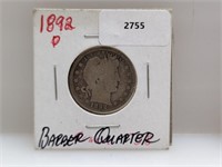 1892-O 90% Silver Barber Quarter