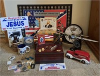 Antique Tobacco Tins, Coins, Airplane Clock