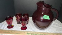 Vintage Ruby Red Pitcher with Glasses