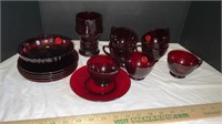 Vintage Ruby Red Tea Cups, Saucers, Glass, Bowl