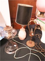 Three vintage lamps: pink glass accent lamp, 17"