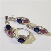 $660 Silver Rhodium Plated Sapphire Ruby(6ct) Set