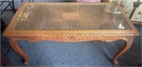 Vintage rattan and glass top wooden coffee table
