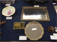 2 FOOTED PIERCED BRASS VANITY TRAYS AND BEVELED