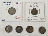 5 U S Silver Dimes- Barber Mercury Etc & Canada