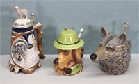 (3) Figural Pottery Beer Steins