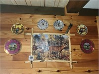 Framed puzzle 26" x 33" w/ decorative plates