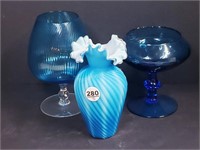 CASE GLASS VASE + BLUE GLASS ITEMS
