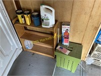 Wooden Shelf, Storage Bin, Fire Extinguisher