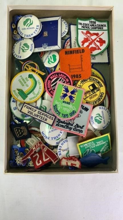 Flat of scouting patches, pin back buttons