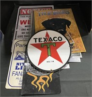 Texaco Clock Missing Hands & Tin Signs.