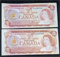 2 x 1974 Bank of Canada $2 Bank Notes