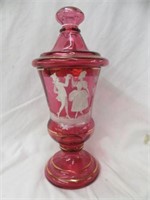 MARY GREGORY CRANBERRY COVERED CANDY JAR 12"T