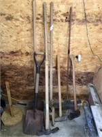 Group tools, 2 shovels, post hole grabber, sledge