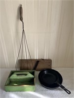 Iron Skillets, Wood Tote, Rug Beater