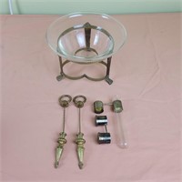 Glass Dish w/ Brass Stand & Misc Pieces