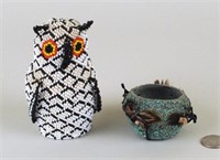 Vintage Zuni Beaded Owl Figure & Fetish Pot