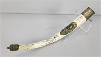 Chinese Scrimshaw Bone & Silverplate Opium Pipe