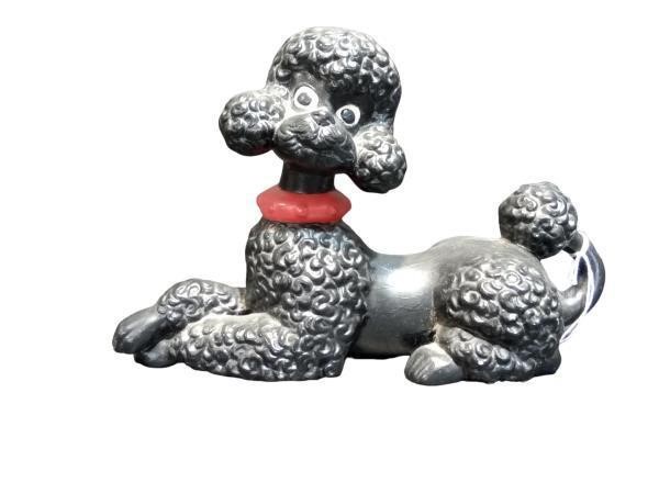 Vintage Black ceramic Poodle Dog Statue with Red C