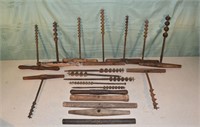 14 antique wood and steel augers; as is