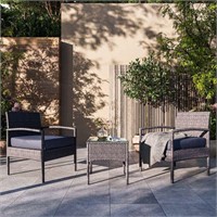3Pc Outdoor Wicker Set- 2 Chairs, Cushions & Table