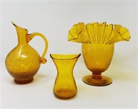 (3) Amber Crackle Glass Items
