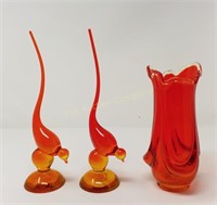 (3) Orange Glass Vases-Birds