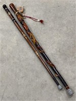 2 Carved Wood Walking Sticks / Canes Mexican /