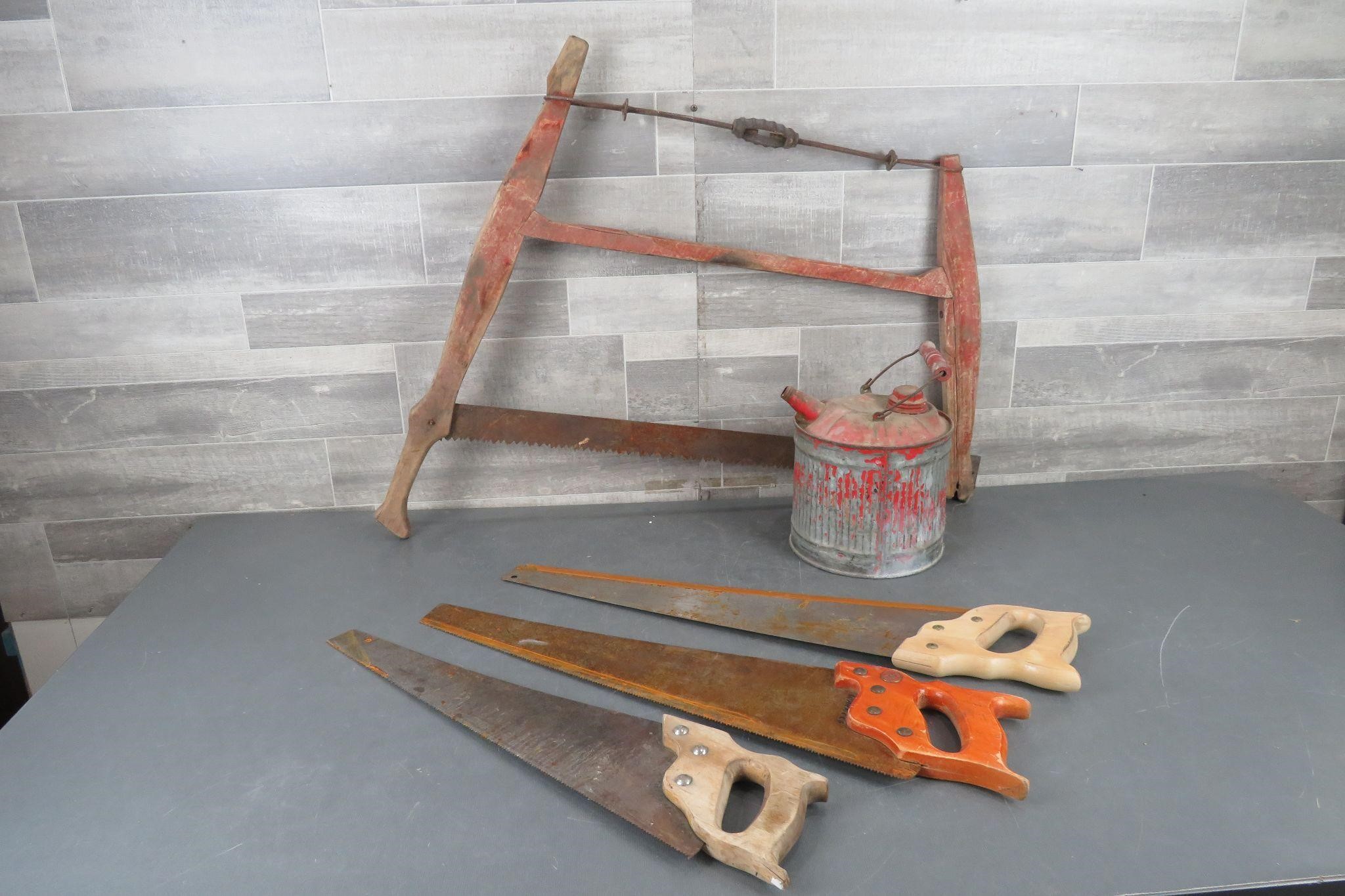 VINTAGE BOW SAW / HAND SAWS / GAS CAN