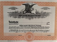 Ken-Mar Productions stock certificate. 8x11 inches