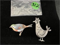 2 Brooches/Pins: Chicken LG; Bird Enamel