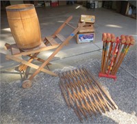 Nail keg, wood stand, croquet, expandable gate
