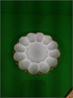 White Glass Deviled Egg Platter with Gold Trim