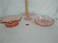 Pink Depression glass bowl, pedestal dish,