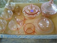 Lot of pink depression glass covered candy dishes