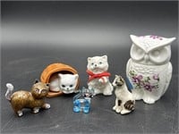 LOT OF ART GLASS CATS AND 1 OWL