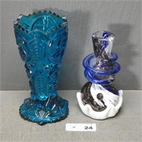 LE Smith Blue Glass Vase - Art Glass Smoking Vase