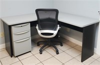 L Shaped Desk, Chair, and File Cabinet