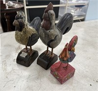 Two Wood Roosters and Resin Rooster