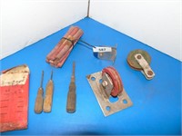 Pulleys, Wooden Handled screw drivers, drill bits