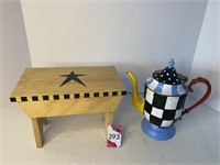 9" Hand Painted Tea Pot & Small Bench10"x6"x7"