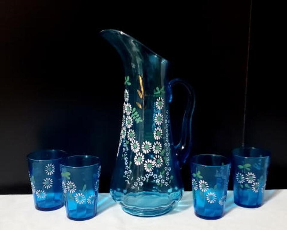 Victorian Art Glass Water Pitcher & Glasses blue