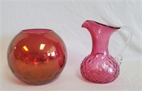 Cranberry Glass Pitcher & Rose Bowl