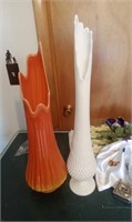 TWO TALL GLASS VASES WHITE ONE 24" TALL