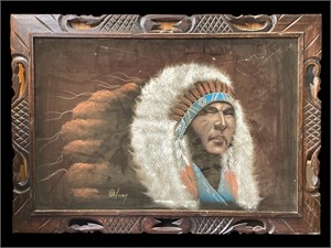 Framed 24x36” Native Chief Oil Painting On Velvet