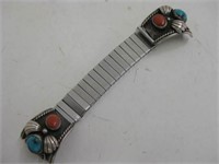 Old Pawn Sterling, Turquoise & Coral Watch Band