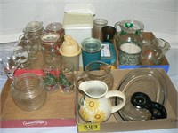 GLASS AND POTTERY PITCHERS, TUPPERWARE SHAKER,