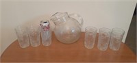 Vintage Glass Bulbous pitcher and glass set of 6