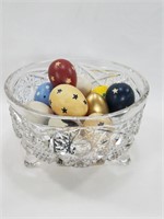 Lot of Painted Decor Eggs in Cut Glass Footed Bowl
