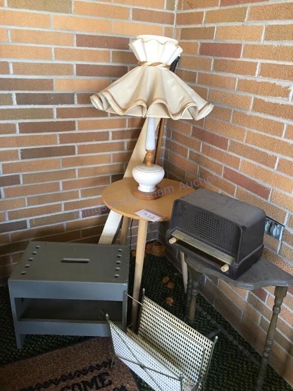 Lamp,  vintage radio,  plant stands and magazine